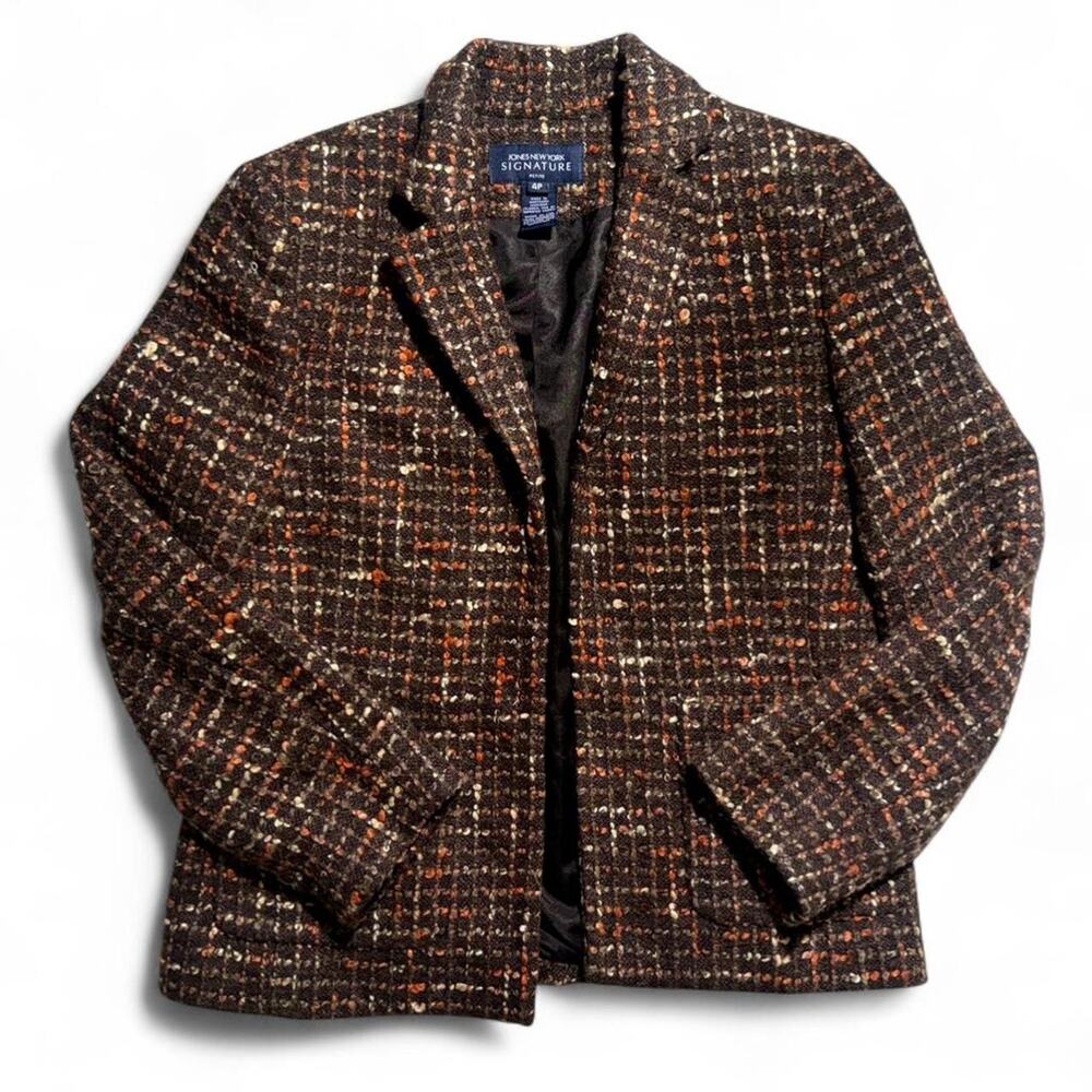 Vintage Jones New York Dark Academia Brown Tweed Office Blazer Jacket Size 4P